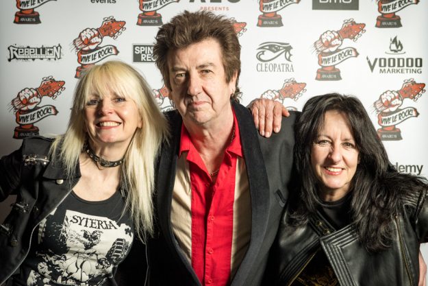 Jackie Chambers & Kim McAuliffe from Girlschool with Vive editor Eugene Butcher